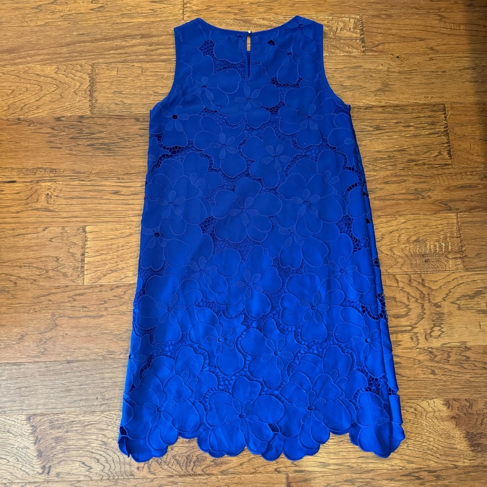 Antonio Melani Ghiaia Dress Blue Floral Lined Embroidered Overlay Midi Sheath 8 - Picture 5 of 11